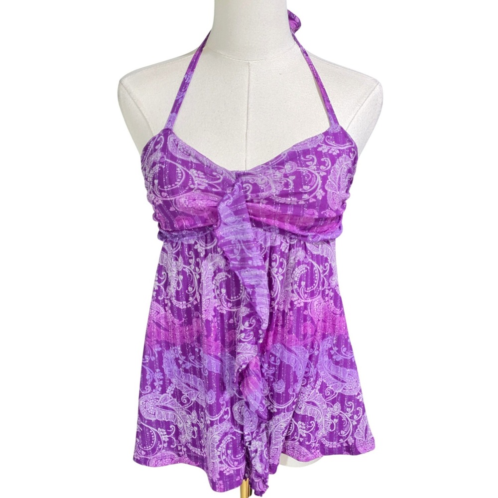 Express Paisley Y2k Halter Top Women Small Purple Excellent Ruffle Metallic Boho